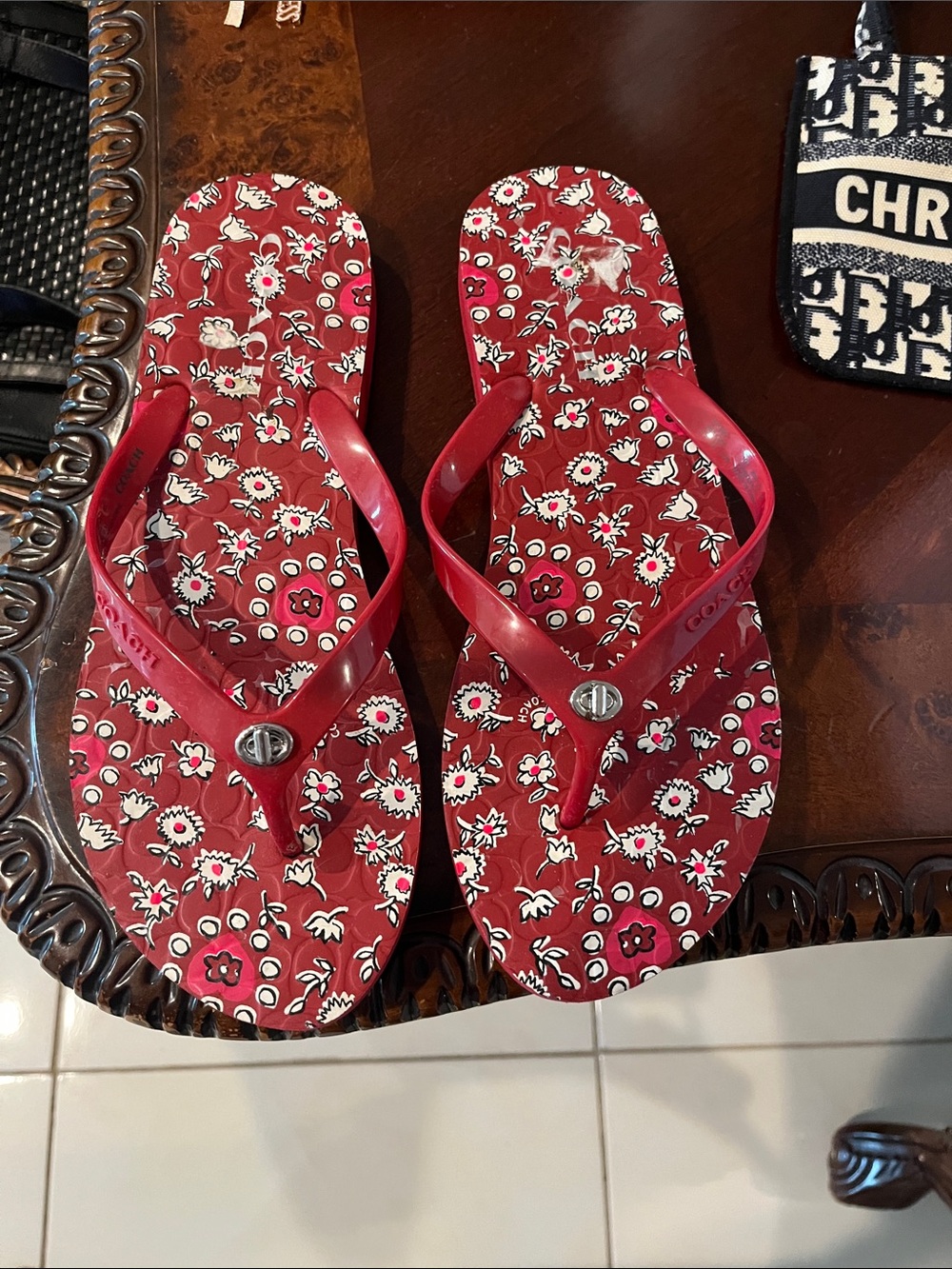 COACH Red Floral Flip-Flop Sandals with Logo Accent